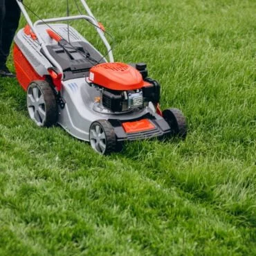 man cutting grass with lawn mover back yard